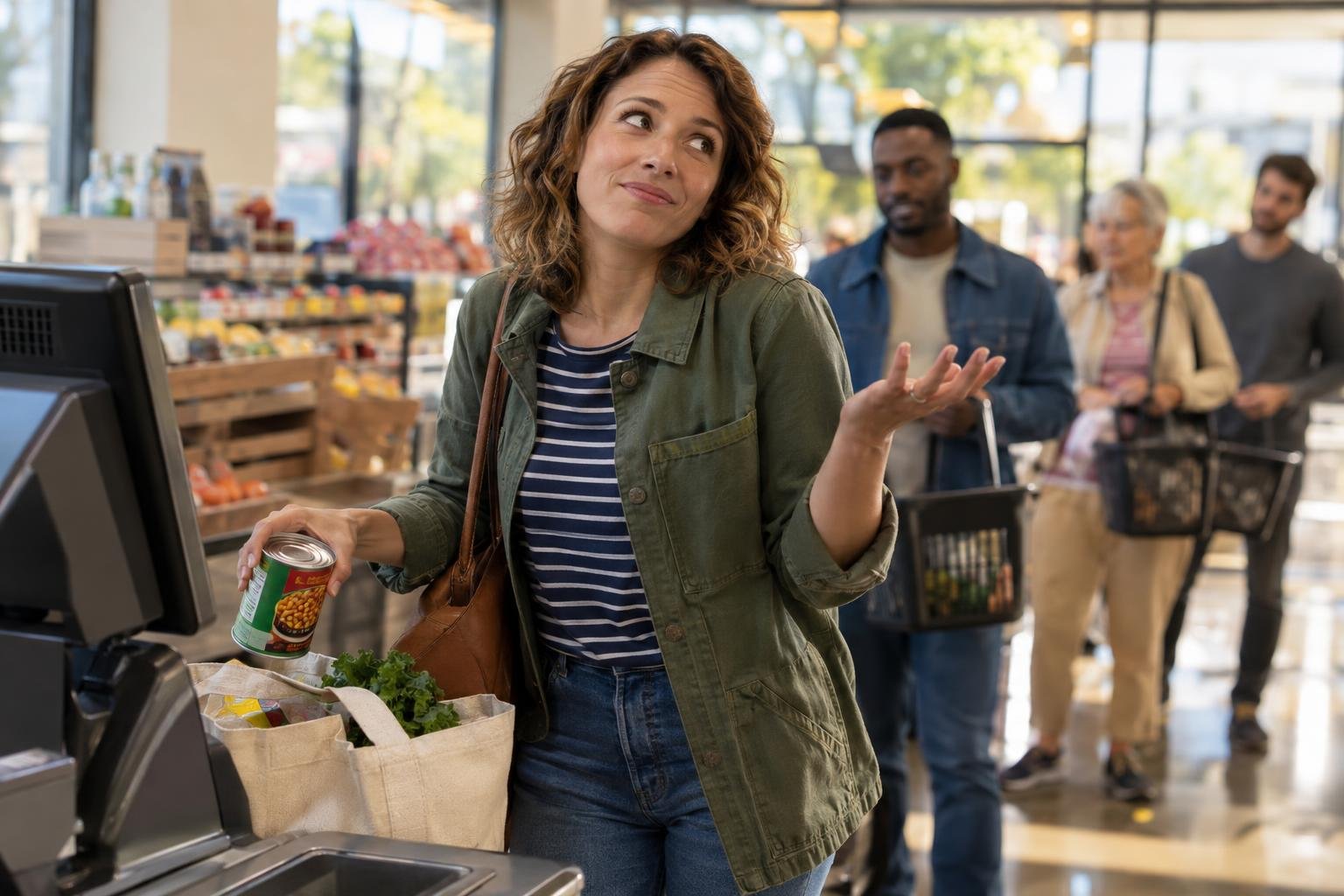 A shopper stood at a self-checkout machine with a flashing 'unexpected item in the bagging area' message
