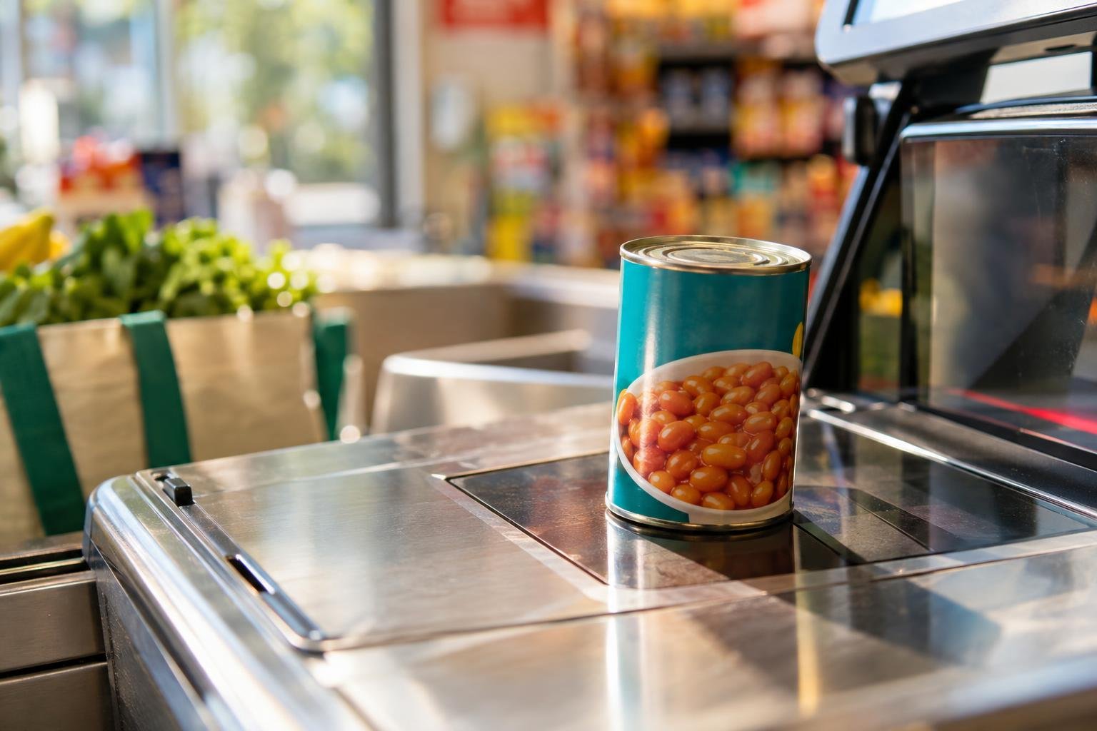 A customer looking frustrated at a supermarket self-checkout screen