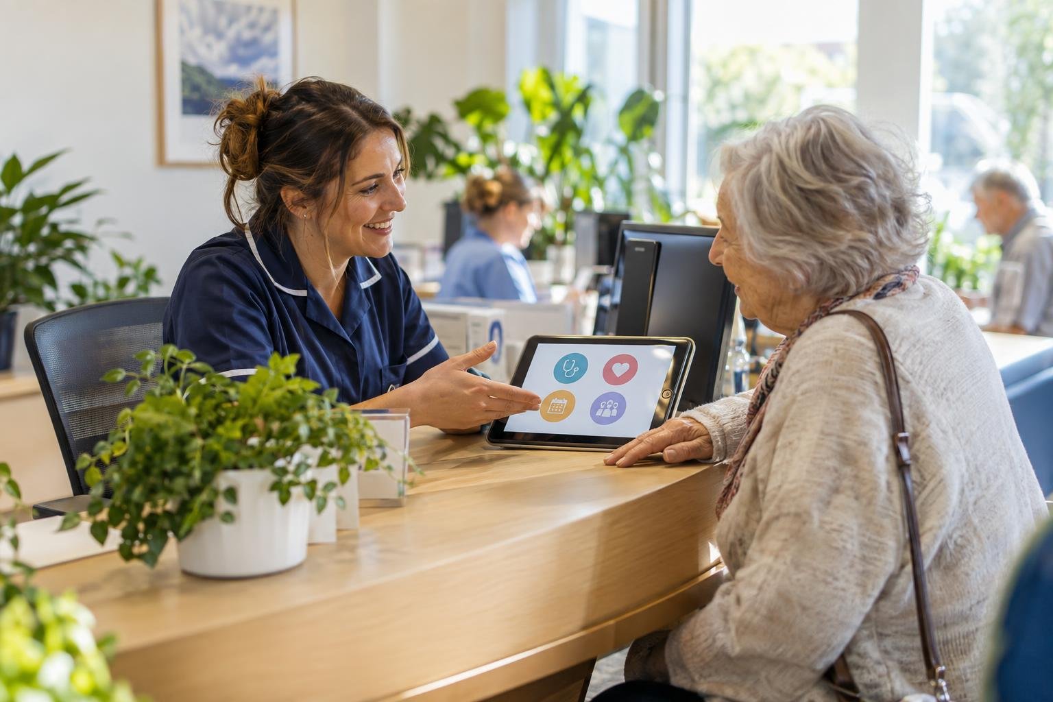 A split image showing a supermarket self-checkout beside an NHS App screen on a smartphone